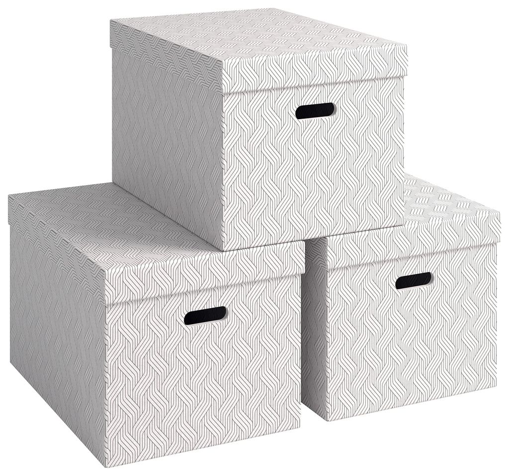 3er-Set Aufbewahrungsboxen mit Deckel, 46 Liter, große Größe, 100 % Recyclingkarton, geometrisches Muster, für Schule, Universität und Zuhause...