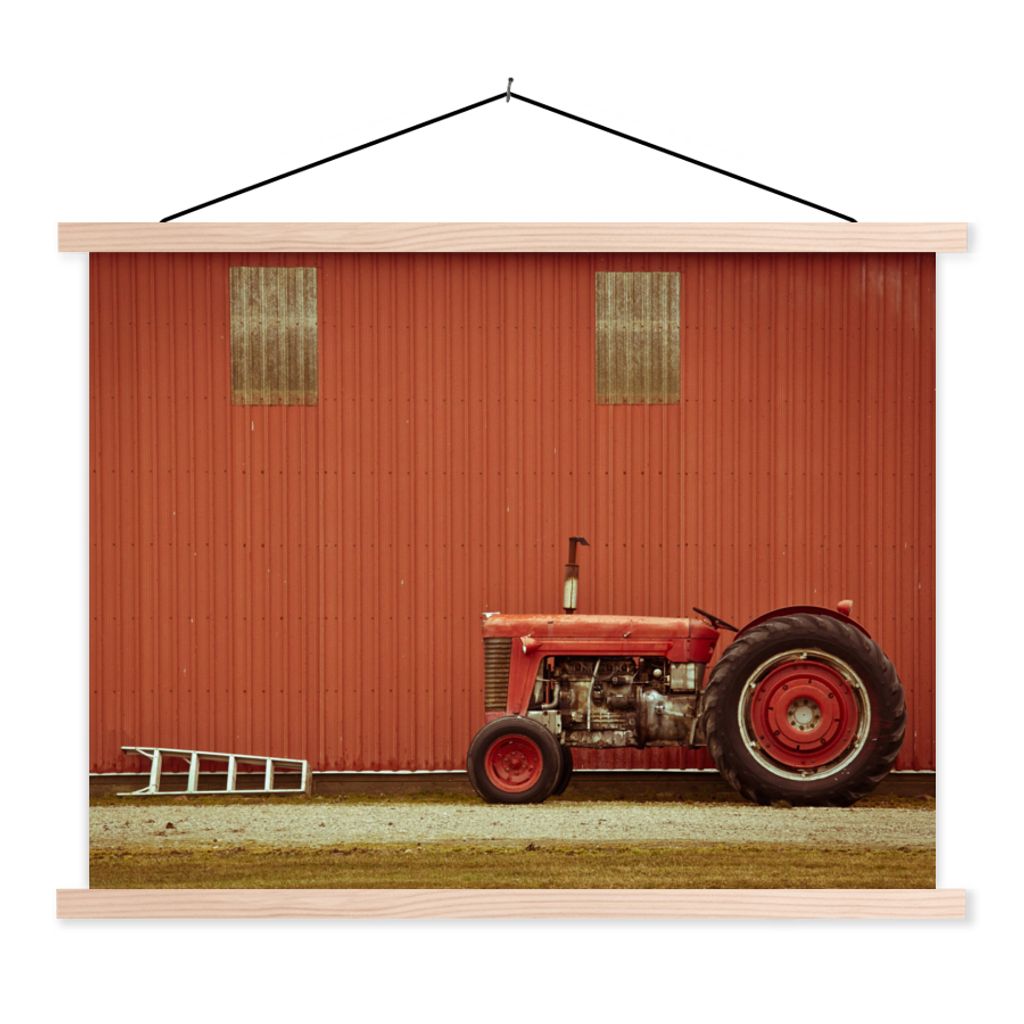 MuchoWow Textilposter Traktor - Scheune - Rot - Bauernhof 40x30 cm mit holzfarbenen Rahmen - Bilder