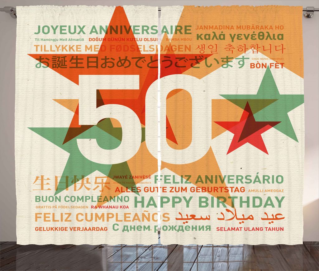 ABAKUHAUS 50. Geburtstag Rustikaler Gardine, Sprachen Celebration, Schlafzimmer Kräuselband Vorhang mit Schlaufen und Haken, 280 x 245 cm, Grün R...