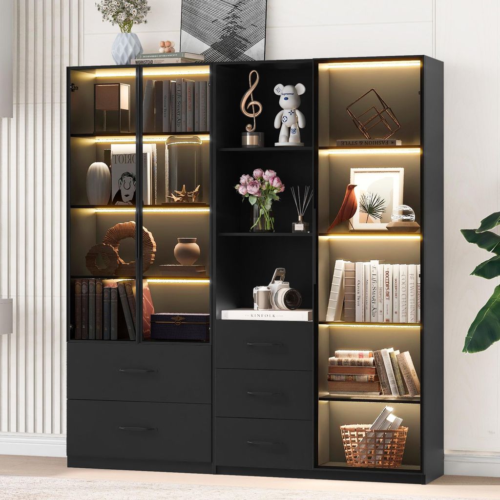 Merax Glasvitrine mit Glastür, Regale, Schubladen, Hochschrank, Stehend Vitrinenschrank für Wohnzimmer Schlafzimmer, 140x40x160cm, Schwarz