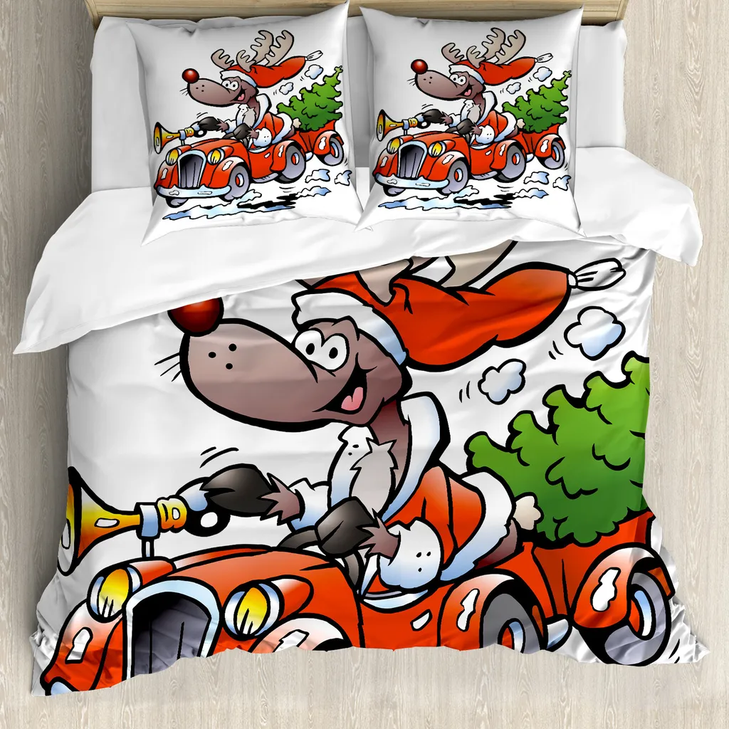 ABAKUHAUS Copripiumino natalizio, Ren nella macchina rossa, antiacaro, adatto a chi soffre di allergie, con federe, 200 cm x 200 cm - 80 x 80 cm, bianco rosso verde