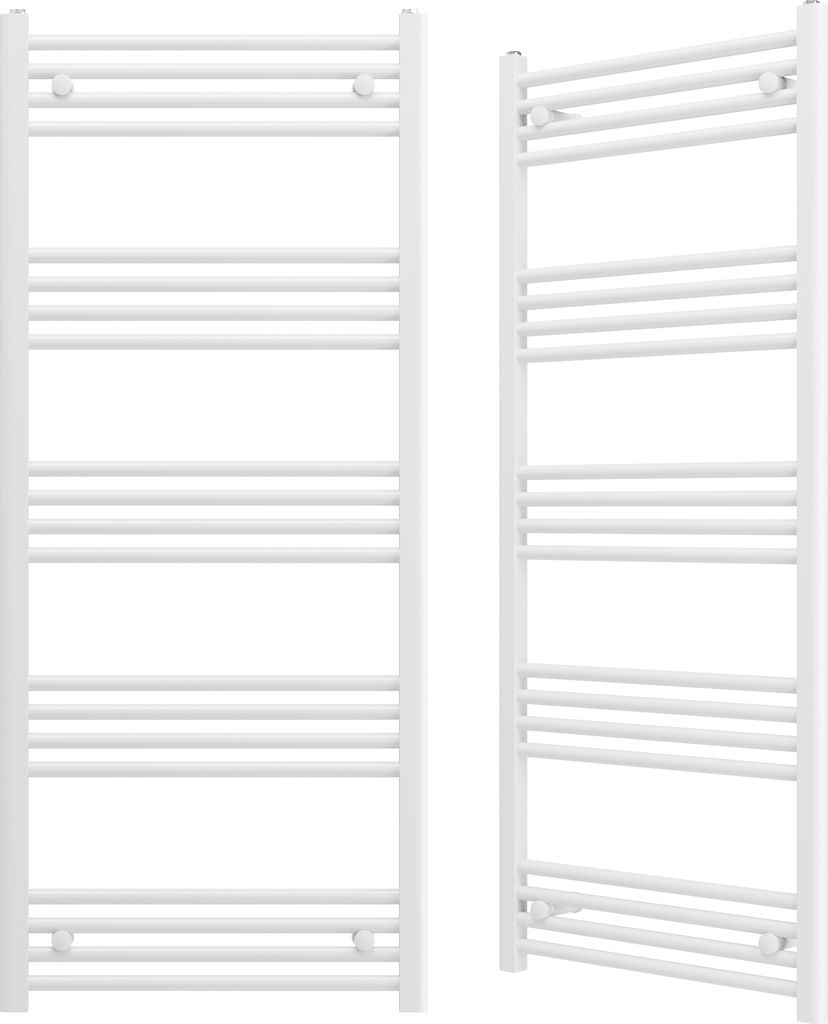Two white towel radiators are shown side-by-side against a white background.