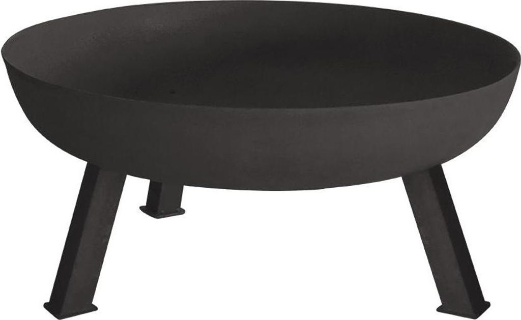 A black metal fire bowl with three legs is shown against a white background.
