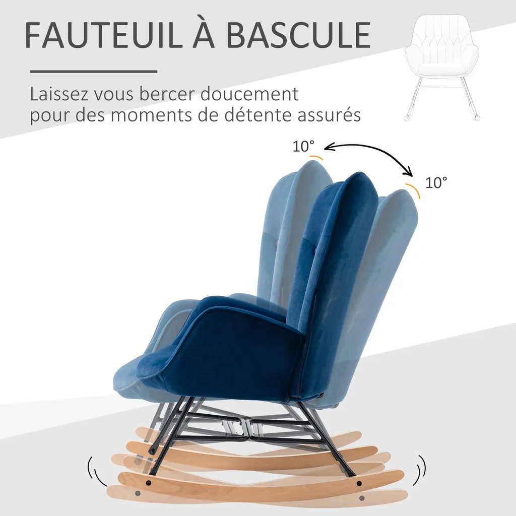 Fauteuil à Bascule Structure Bois et Métal, Assise Moelleuse Bleue