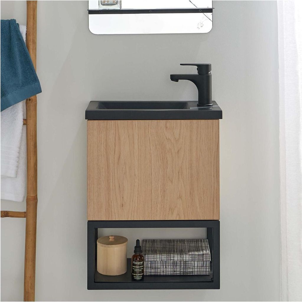 NOVA Wandwaschbeckenschrank aus Metall und Holz mit 40 x 50 cm großem Harzbecken