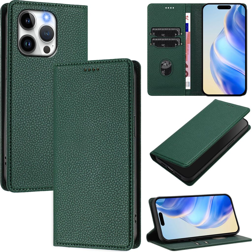 Litchi Leder Handyhülle für iPhone 13 Pro Wallet Kartenfächer Standfunktion Hülle Grün