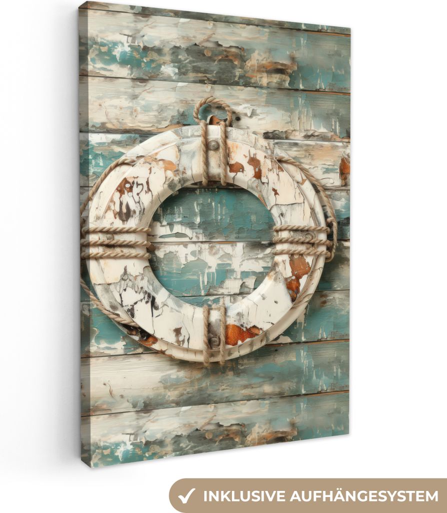 MuchoWow - Leinwandbilder - Boje - Rettungsboje - Holz - Maritim - Vintage, Wandbild, Wanddeko Bilder Wohnzimmer, 20x30 cm