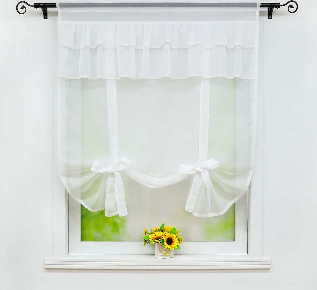 Raffrollo Raffgardinen Tunnelzug Voile Bändchenrollo mit Bogenabschluss Weiß BxL 60x140 cm