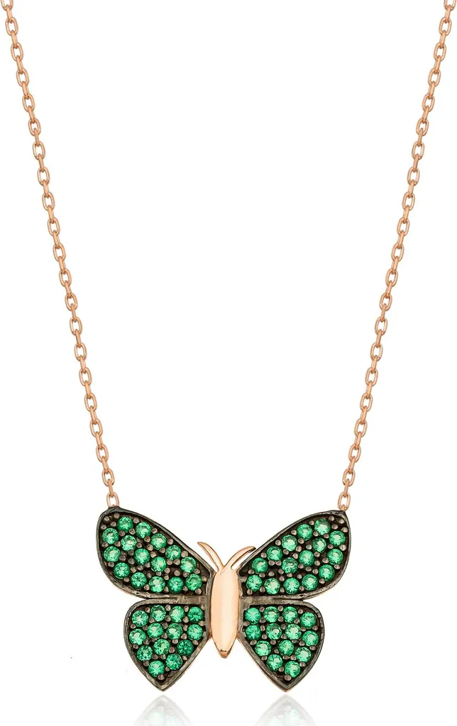 Collier Papillon en Argent 925 Vert et Or Rose - Bijou Femme Élégant