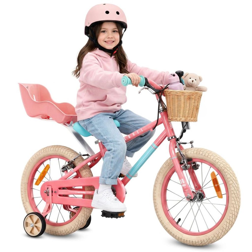 Mädchen fahrrad Kinderfahrrad für Mädchen 16 Zoll 7,9 kg mit Freilauf Fahrrad mit Puppensitz Stützrädern Korb Klingel V-Brake Bremsen LOVEL rosa