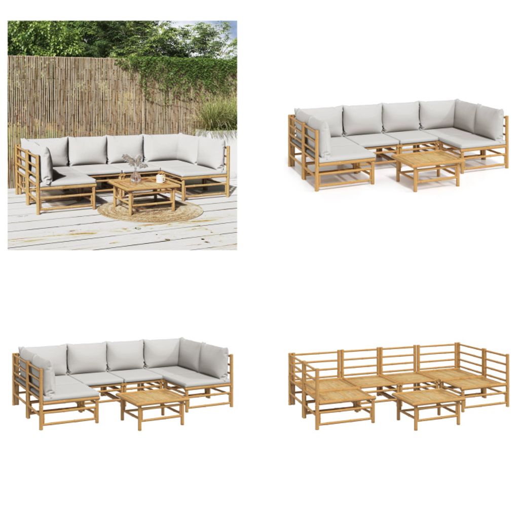 vidaXL 7 tlg. Garten Lounge Set mit Hellgrauen Kissen Bambus - Garten Lounge Set - Garten Lounge Sets - Lounge Set - Gartenmöbel Set