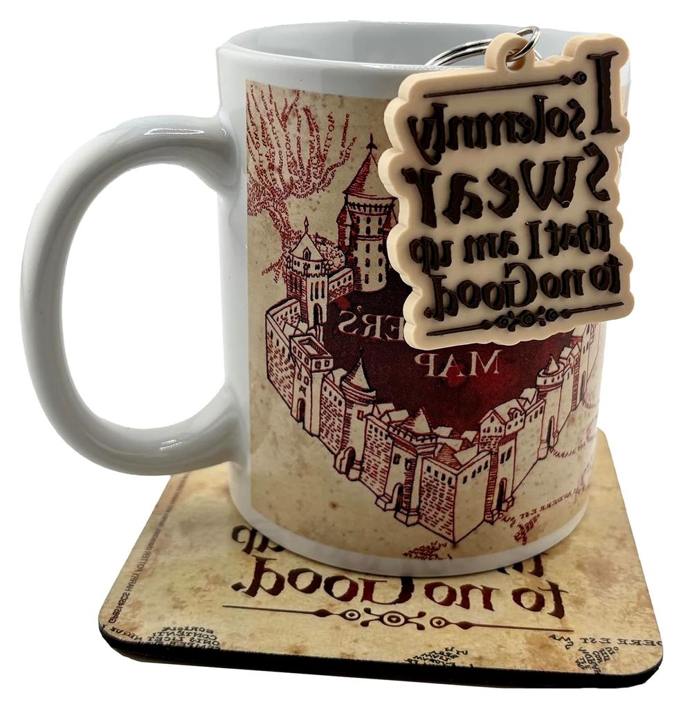 Harry Potter Geschenkset mit Tasse, Untersetzer und Schlüsselanhänger in Geschenkbox (Marauder's Map Design) 325ml Keramikbecher - Offizielles Li...