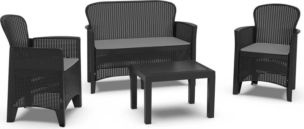 Outdoor-Lounge-Set Dlinett, Gartengarnitur mit 2 Sesseln, 1 Sofa und 1 Couchtisch, Sitzecke in Rattan-Optik mit Kissen, 100 % Italy, Anthrazit