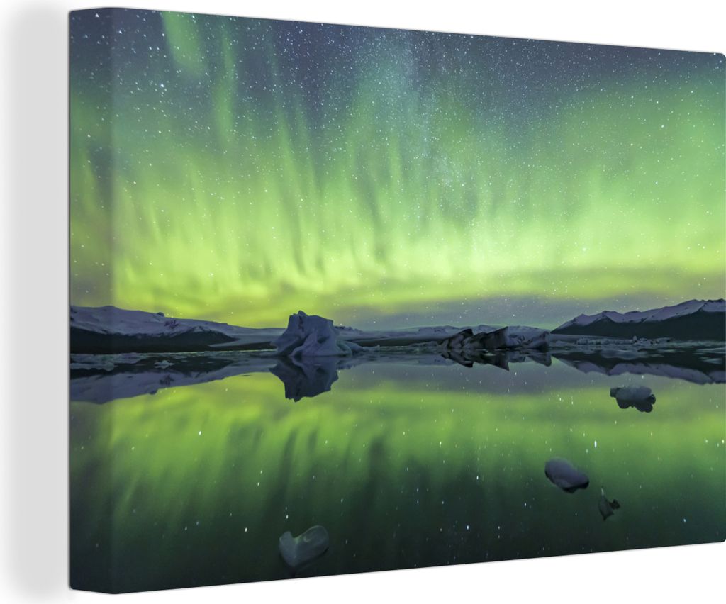 OneMillionCanvasses - Leinwandbilder - 150x100 cm, Nordlichter - Grün - Reflexion, Wandbilder Kunstdruck Wanddekoration