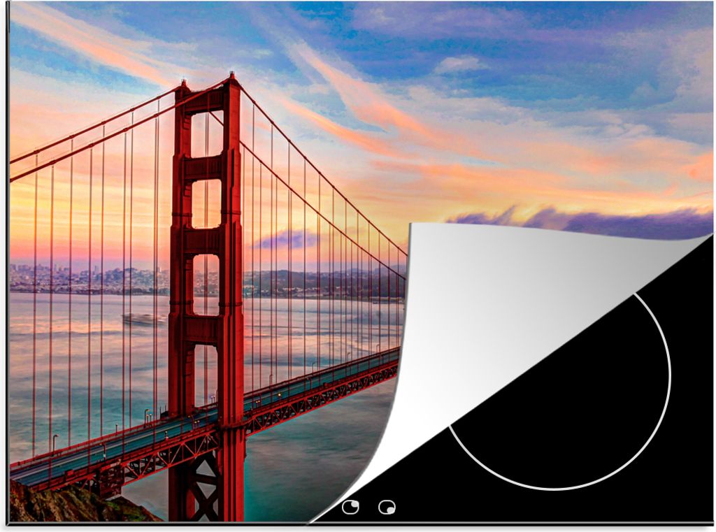 KitchenYeah Herdabdeckplatte Farbenfroher Sonnenuntergang über der Golden Gate Bridge in San Francisco , 77x59cm, Küche Deko, Glaskeramikkochfe...