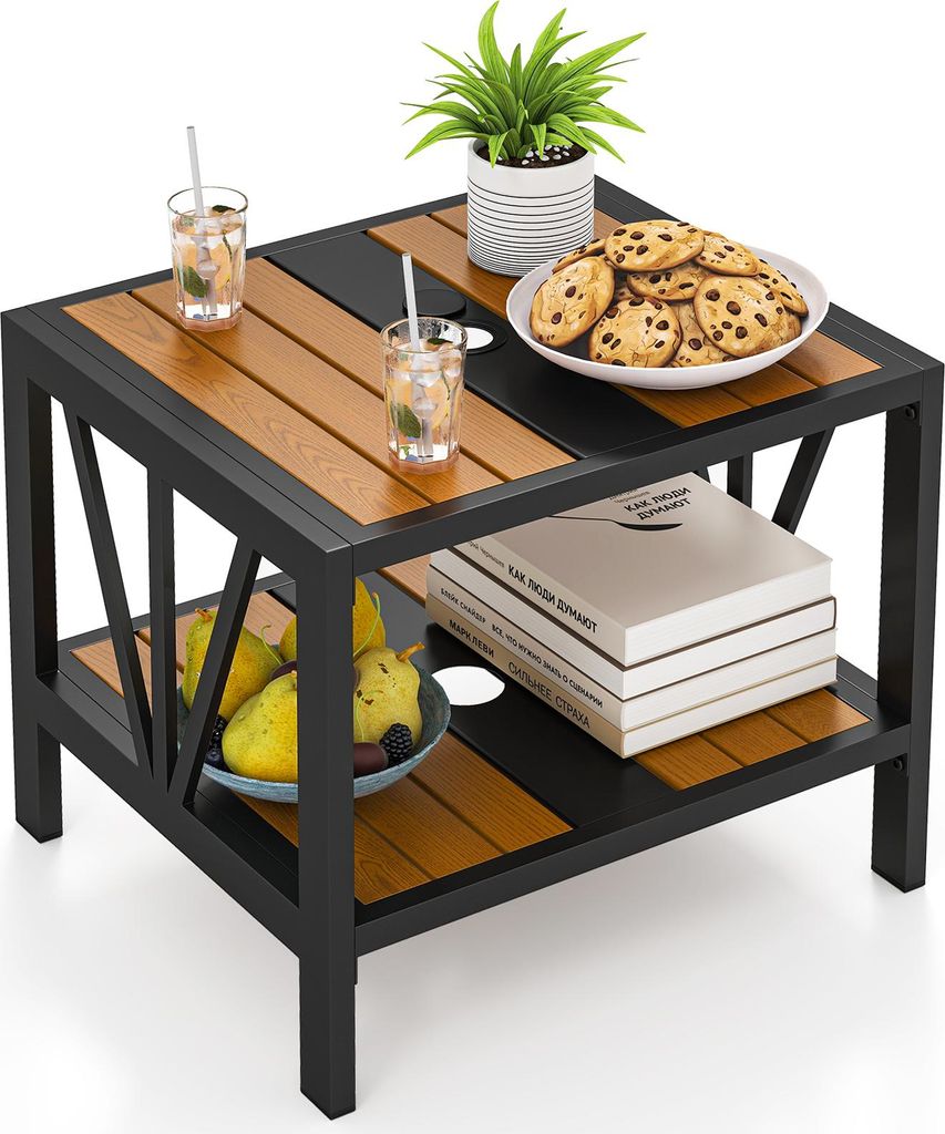 COSTWAY Beistelltisch Outdoor wetterfest, Gartentisch Kleiner Balkontisch mit Schirmloch & Ablage, Kaffeetisch 52 x 46 x 45 cm