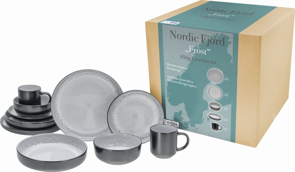 A set of tableware is displayed in front of its packaging.