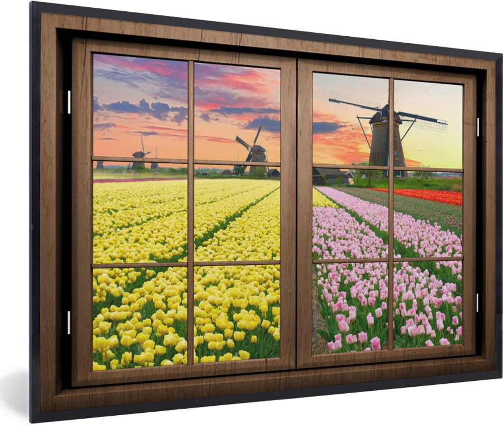 MuchoWow MuchoWow Gerahmtes Poster Ansicht - Mühle - Tulpen 90x60 cm - Poster mit zchwarzem Bilderrahmen - Fotorahmen - Foto-Plakat