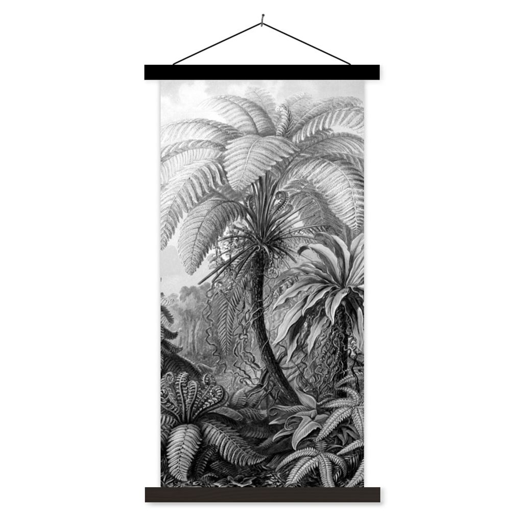 MuchoWow Textilposter Pflanzen - Schwarz und weiß - Design - Illustration - Botanisch 90x180 cm mit schwarzem Rahmen - Dekoration Wohnzimmer