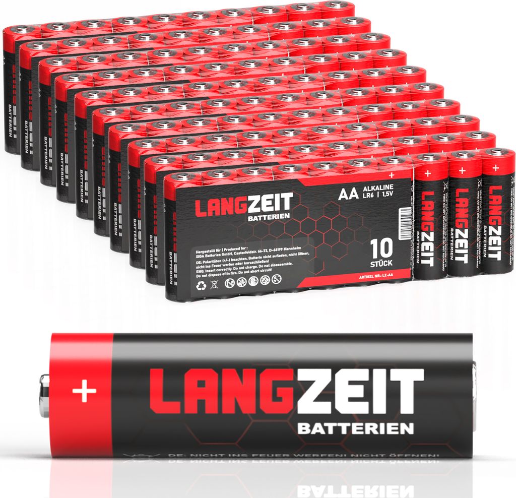 Langzeit Batterien AA 100 Stück Alkaline Mignon LR06 1,5V Produktbild 