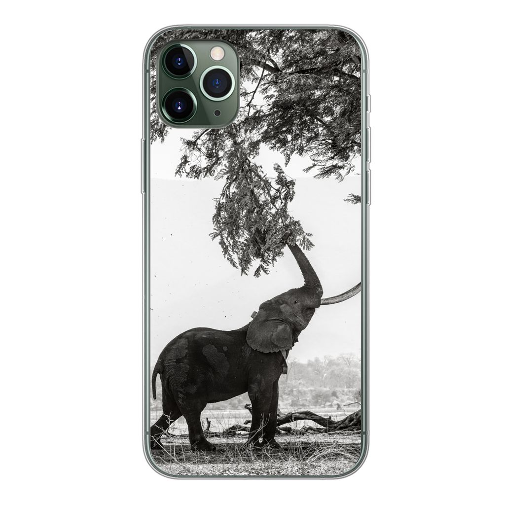 MuchoWow Handyhülle Schutzhülle Hülle für iPhone 11 Pro Max Elefant - Baum - Tiere - Schwarz und weiß Silikon Softcase Handy Hülle - Schutz