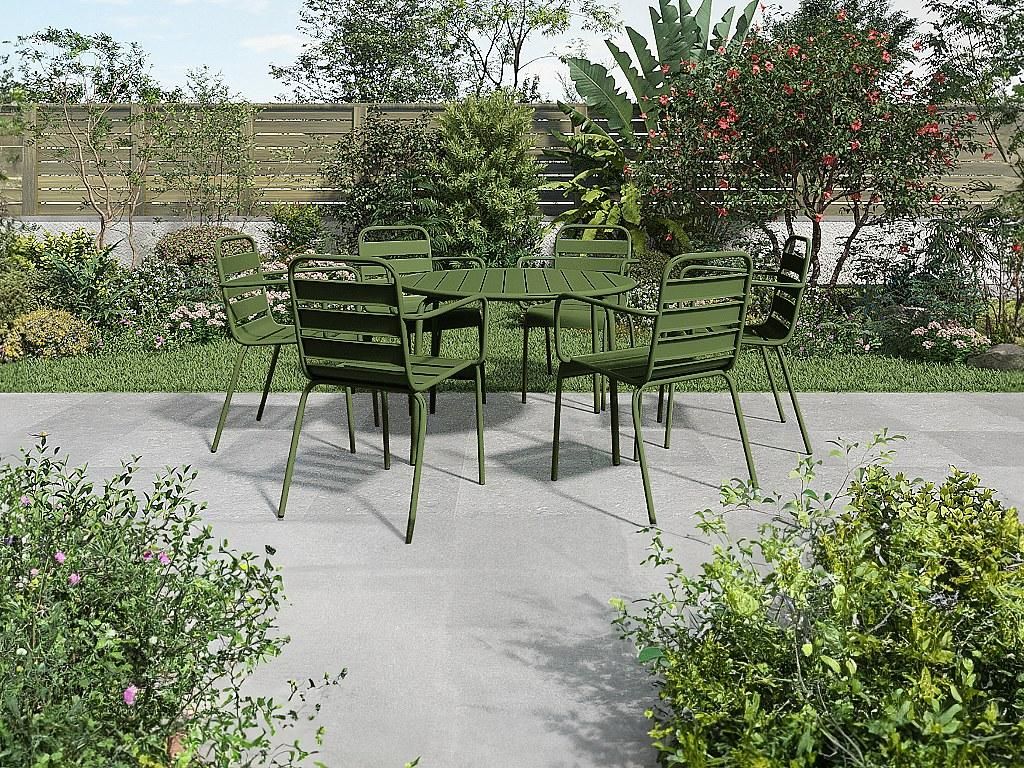 Metall-Gartenset – runder Tisch (Durchmesser 130 cm) und 6 Klappstühle – Khaki – MIRMANDE von MYLIA