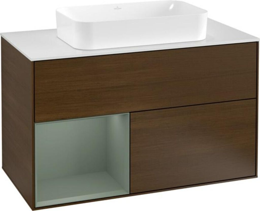 V&B Waschtischunterschrank Abdeckplatte wh. m Finion 100x60,3cm, Reg li Oli. m Lac, wal ven