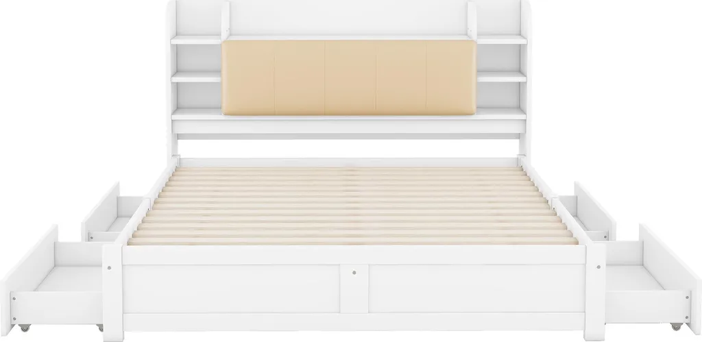 Lit 180x200 blanc à tête de lit modulable et multi-compartiments - 9
