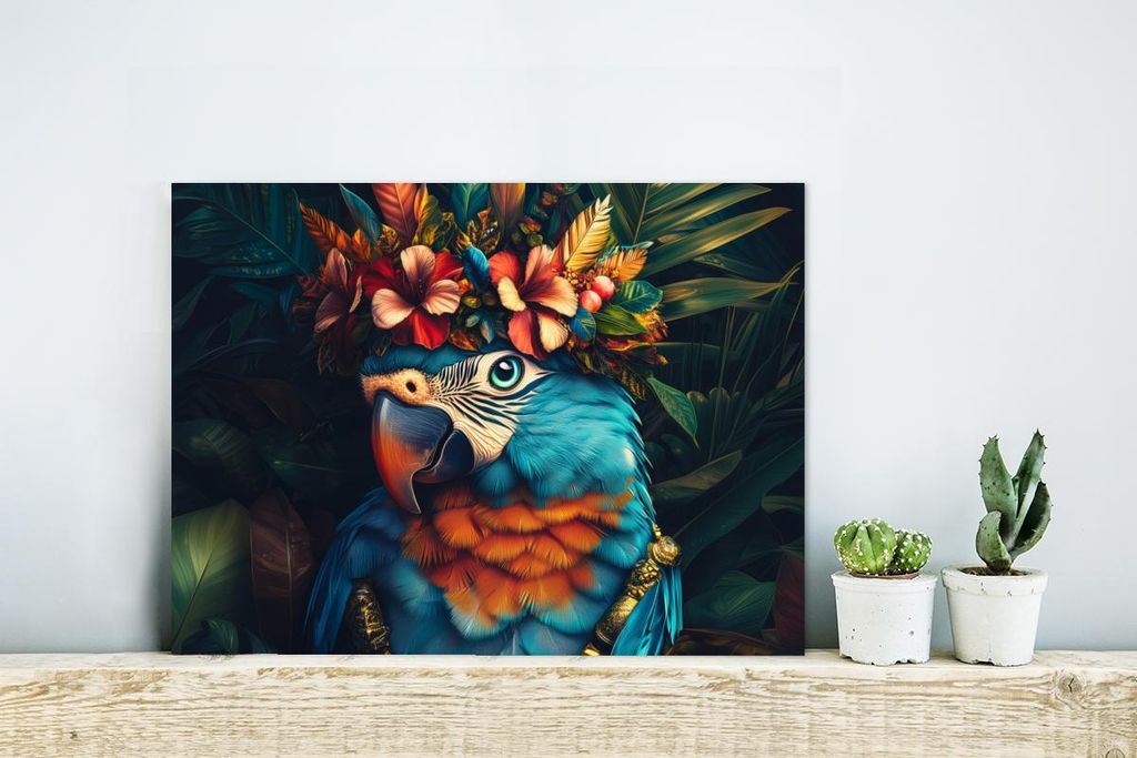MuchoWow Wanddekoration Metall Metallbild Wandkunst 40x30 cm Papagei - Vogel - Bunt - Blumen - Blätter MuchoWow Aluminium Gemälde - Dekoration Wo...