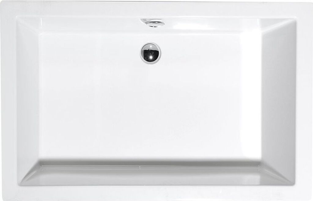 A top-down view of a white rectangular shower tray with a chrome drain in the center.