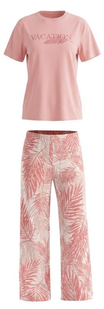 Langes zweiteiliges Damen-Pyjama-Set: Bedrucktes T-Shirt und gemusterte Pyjamahose