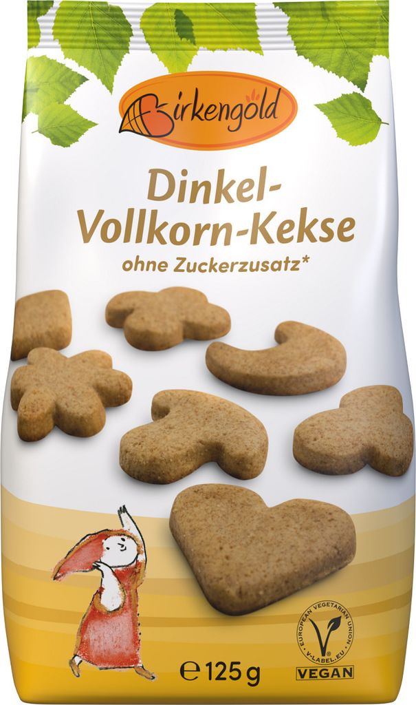 Birkengold Dinkel-Vollkorn-Kekse, Keks, gluten, Dinkelvollkornmehl* (56%), Süßungsmittel Xylit aus Birken- und Buchenrinde (21%),..., Lichtgesch...