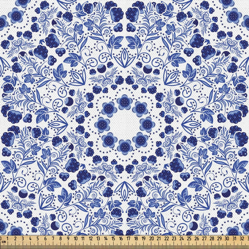 Tissu ethnique ottoman bleu 3 mètres en motif floral bohème tourbillonnant