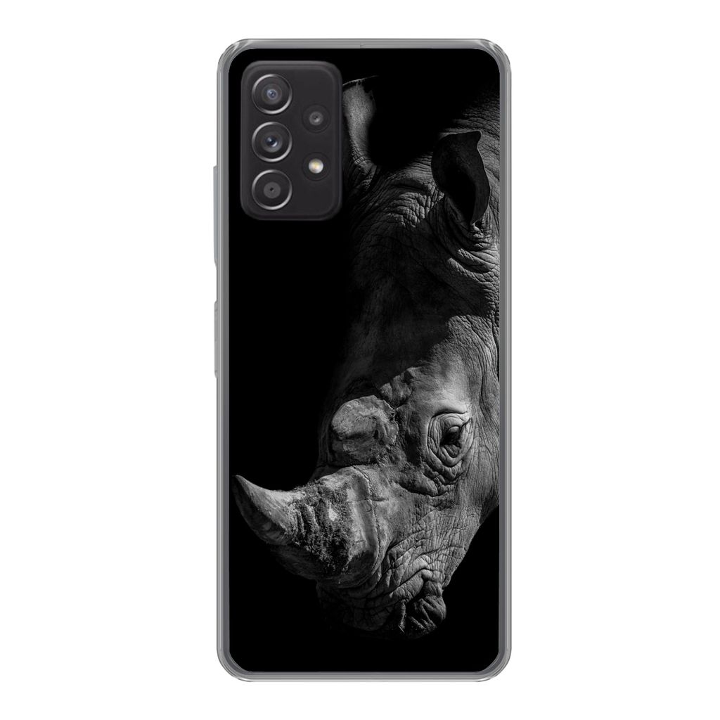 MuchoWow Handyhülle Schutzhülle Hülle für Samsung Galaxy A53 5G Nahaufnahme eines Nashorns auf schwarzem Hintergrund Silikon Softcase Handy H...
