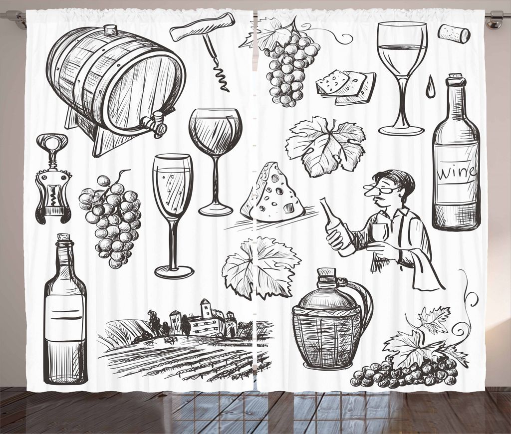 ABAKUHAUS Wein Rustikaler Gardine, Gourmet Wein-Set Sketchy, Schlafzimmer Kräuselband Vorhang mit Schlaufen und Haken, 280 x 245 cm, Charcoal Grau...