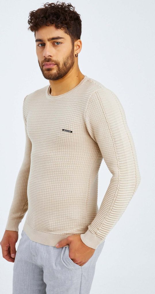Leif Nelson Rundhals Herren Strickpullover Feinstrick Rundhals LN-1545, Hellbeige / XL