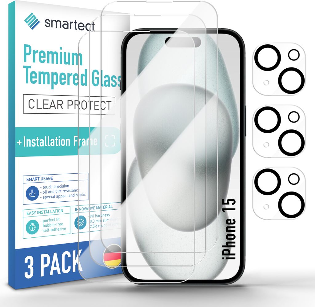 3x Schutzglas Panzerfolie Klar für iPhone 15 Anbringhilfe + Produktbild 