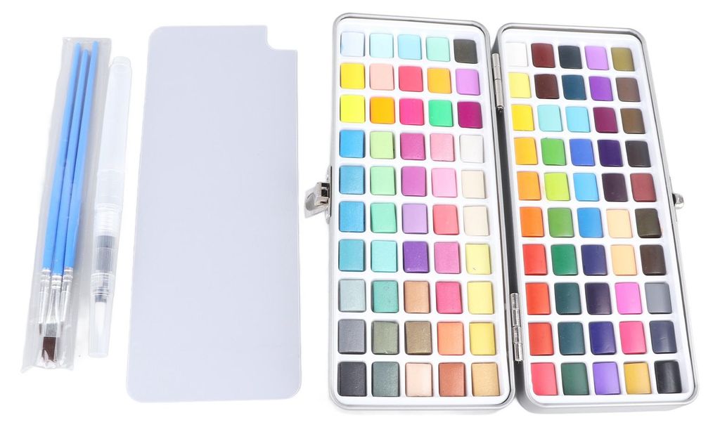 100-Farben-Aquarellfarben-Set, tragbarer Metallkoffer mit 3 Pinseln für Kinder und Erwachsene