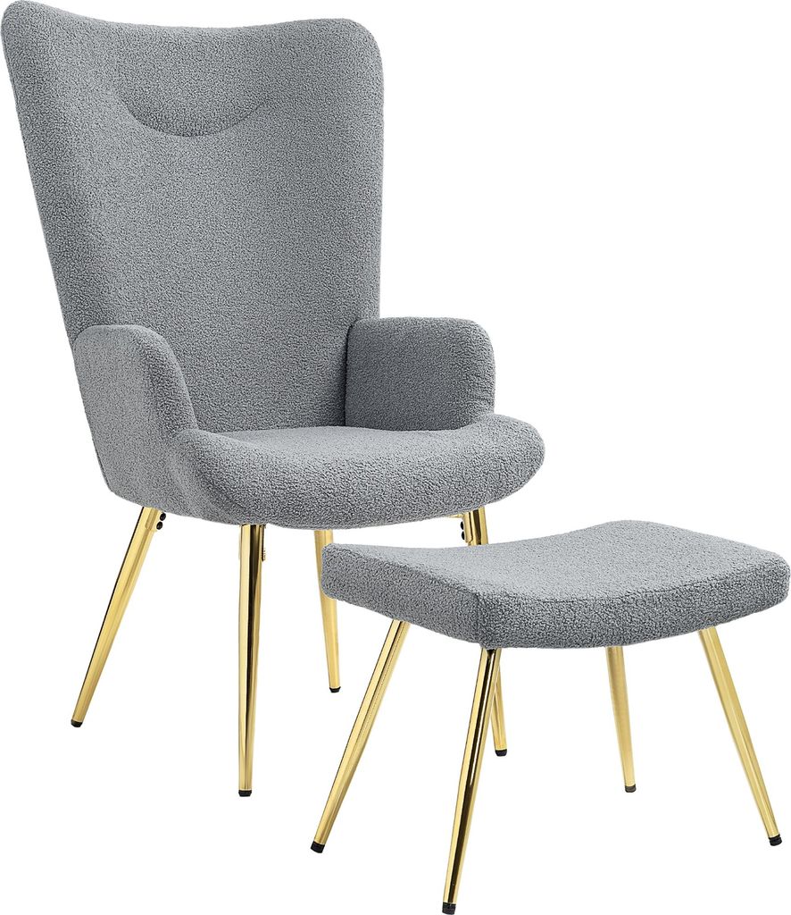 HOMCOM Sessel mit Fußstütze, Wohnzimmer-/Lesesessel mit goldfarbenen Stahlbeinen, hoher Rückenlehne und Bouclé-Bezug, für Wohn-/Schlafzimmer, ...