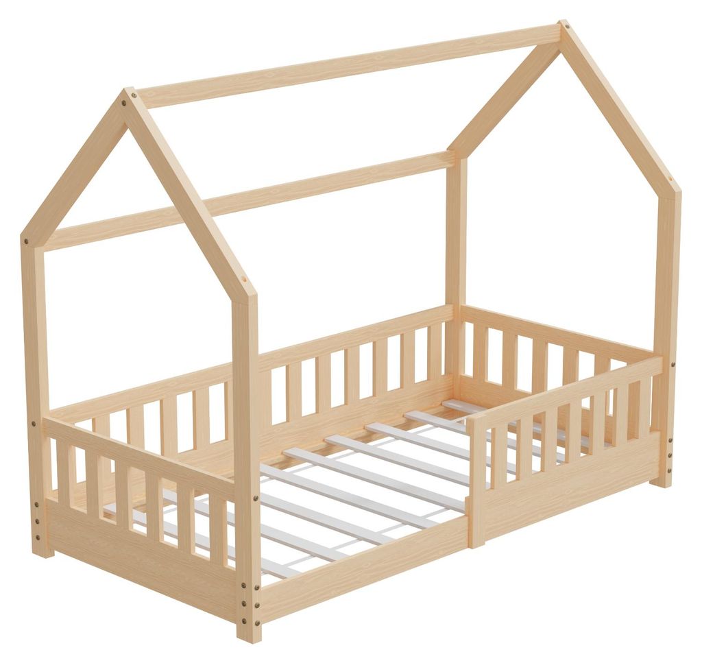 HAGO24 Kinderbett 80x160cm Natur Hausbett Dach Rausfallschutz Massivholz Kiefer Spielbett Lattenrost Bodentief Montessori
