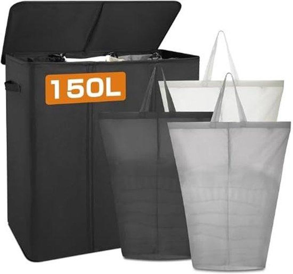 Schwarze 150L Wäschesammler mit 3 Fächern und Deckel