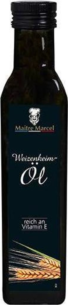 A bottle of wheat germ oil with a label.