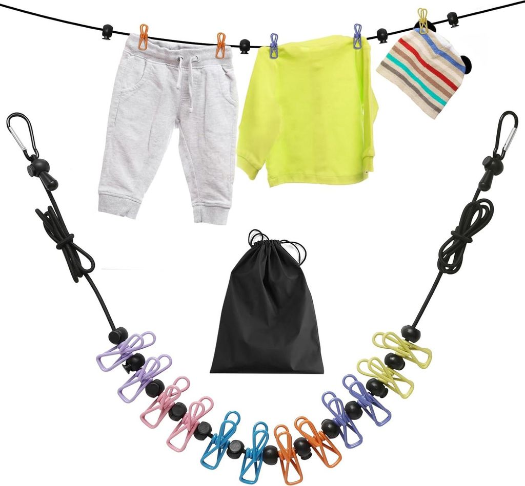 Verstellbare elastische Reise-Wäscheleine mit 12 Wäscheklammern für Innen- und Außenbereich - Ideal für Camping oder Balkon