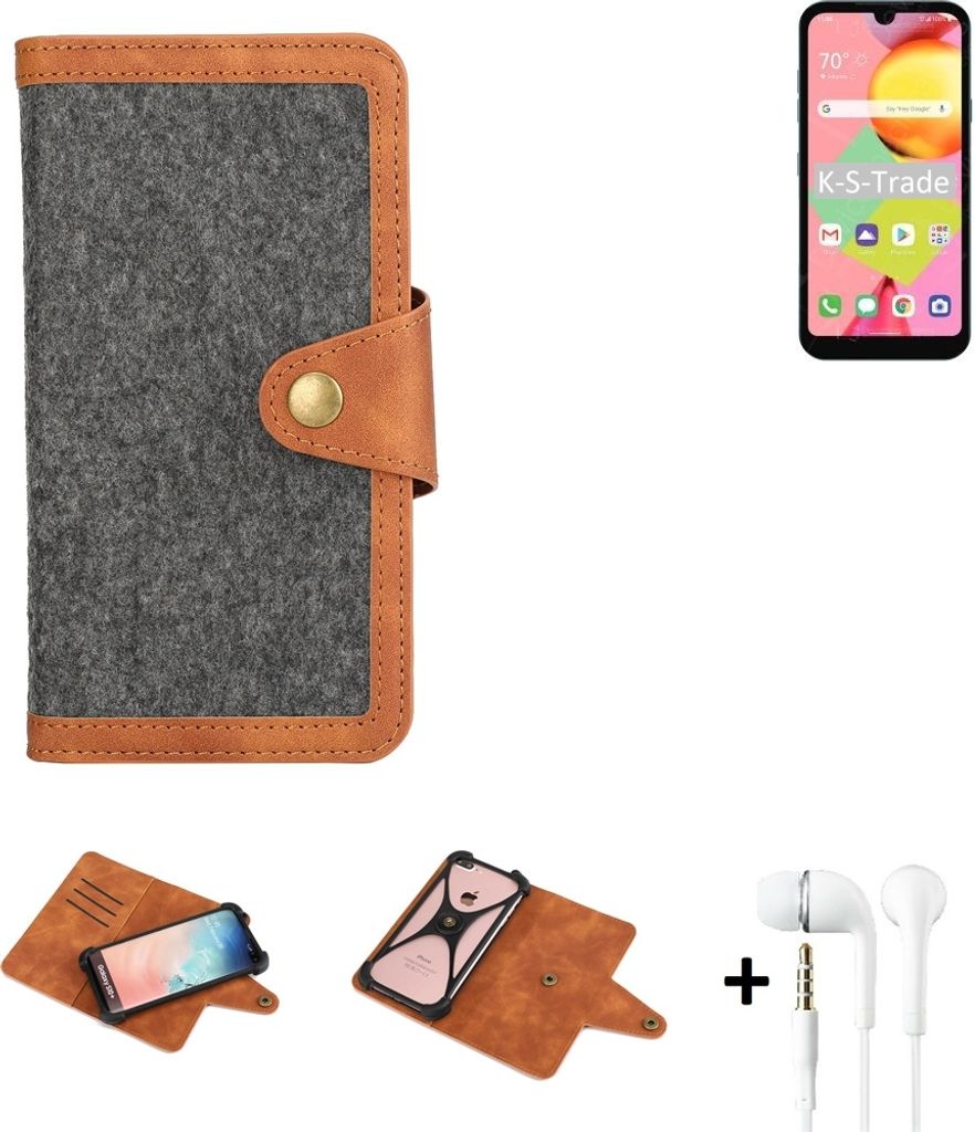 K-S-Trade Handyhülle + Kopfhörer kompatibel mit LG Electronics Risio 4 Schutzhülle Filzhülle Kunstleder dunkelgrau braun (1x)