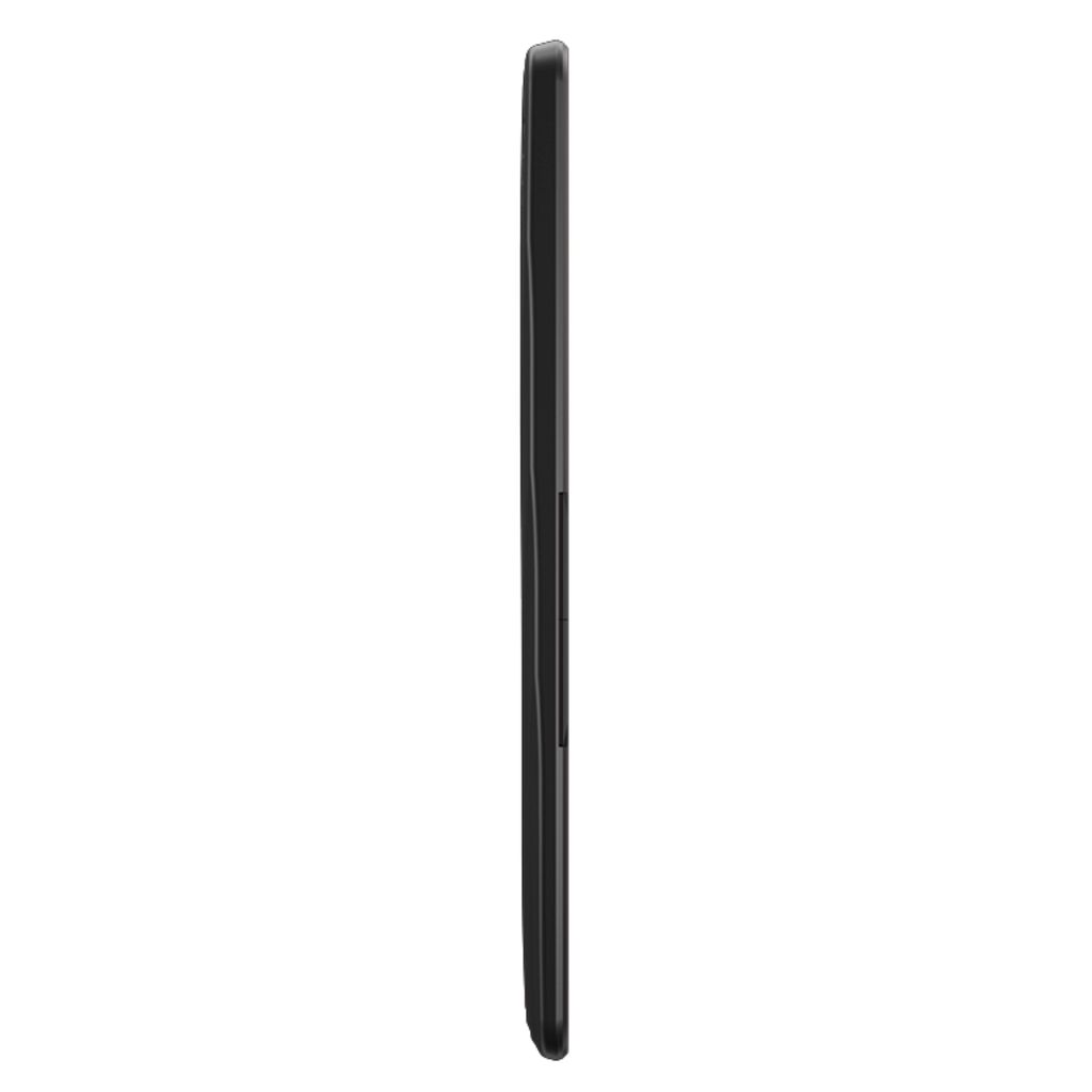 A side view of a black e-reader on a white background.