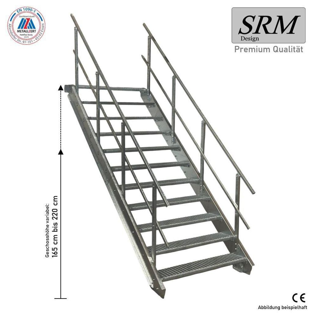 11 Stufen Stahltreppe beidseitig. Geländer Breite 60cm Produktbild 