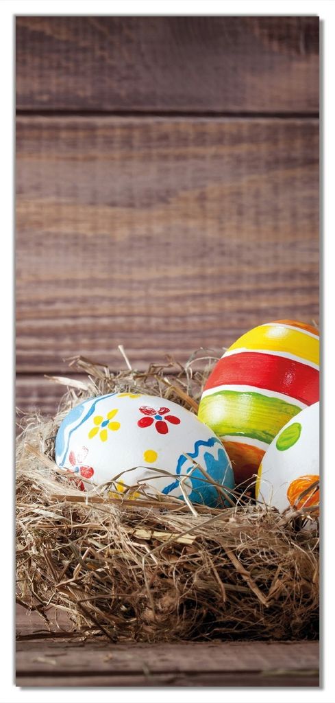 Wallario selbstklebende Türtapete 93 x 205 cm mit Schutzlaminat - Bunte bemalte Eier an Ostern im Vorgelnest vor hölzerner Wand