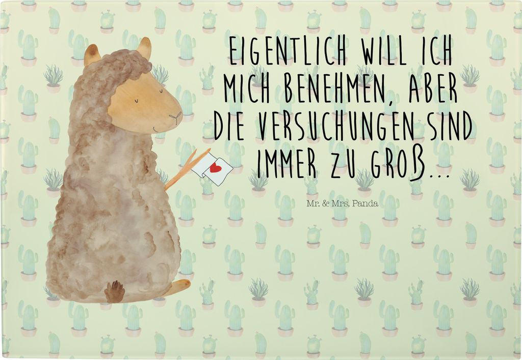 Mr. & Mrs. Panda Hackbrett Alpaka Fahne - Kaktus Grün - Geschenk, Servierplatte, Schneidebrett, Lama, Glas, Frühstücksbrett, Alpakas, jausenbret...