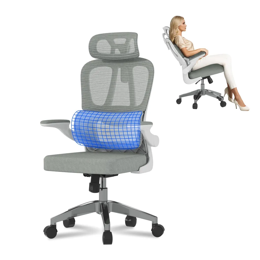 FLEXISPOT Chaise de bureau ergonomique grise avec appui-tête 2D réglable