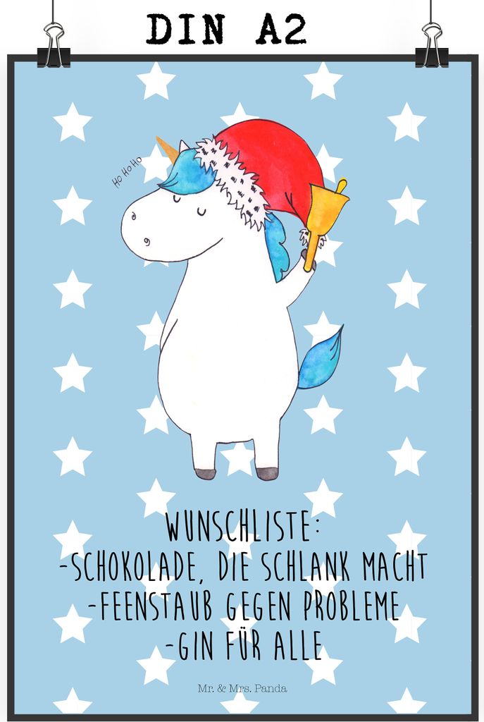 Mr. & Mrs. Panda Bild Einhorn Weihnachtsmann DIN A2 - Blau Pastell - Geschenk, Kunstdruck, wanddeko, Weihnachten, drucke, Einhörner, Plakat, Wandb...